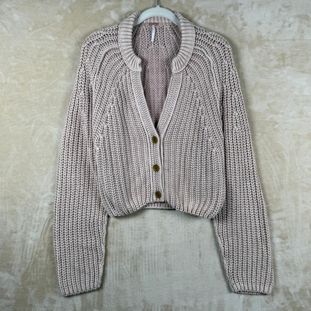 Free People S Mauve Tan Chunky Rib Knit Cropped Button Front Cardigan Sweater